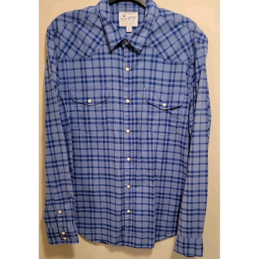 Lucky Brand Western Pearl Snaps Shirt Saturday Stretch Plaid Mens Size Large